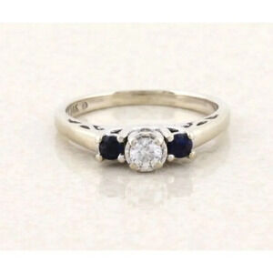 14k White Gold Diamond and Natural Blue Sapphire Ring Size 5 1/2 Engagement Ring